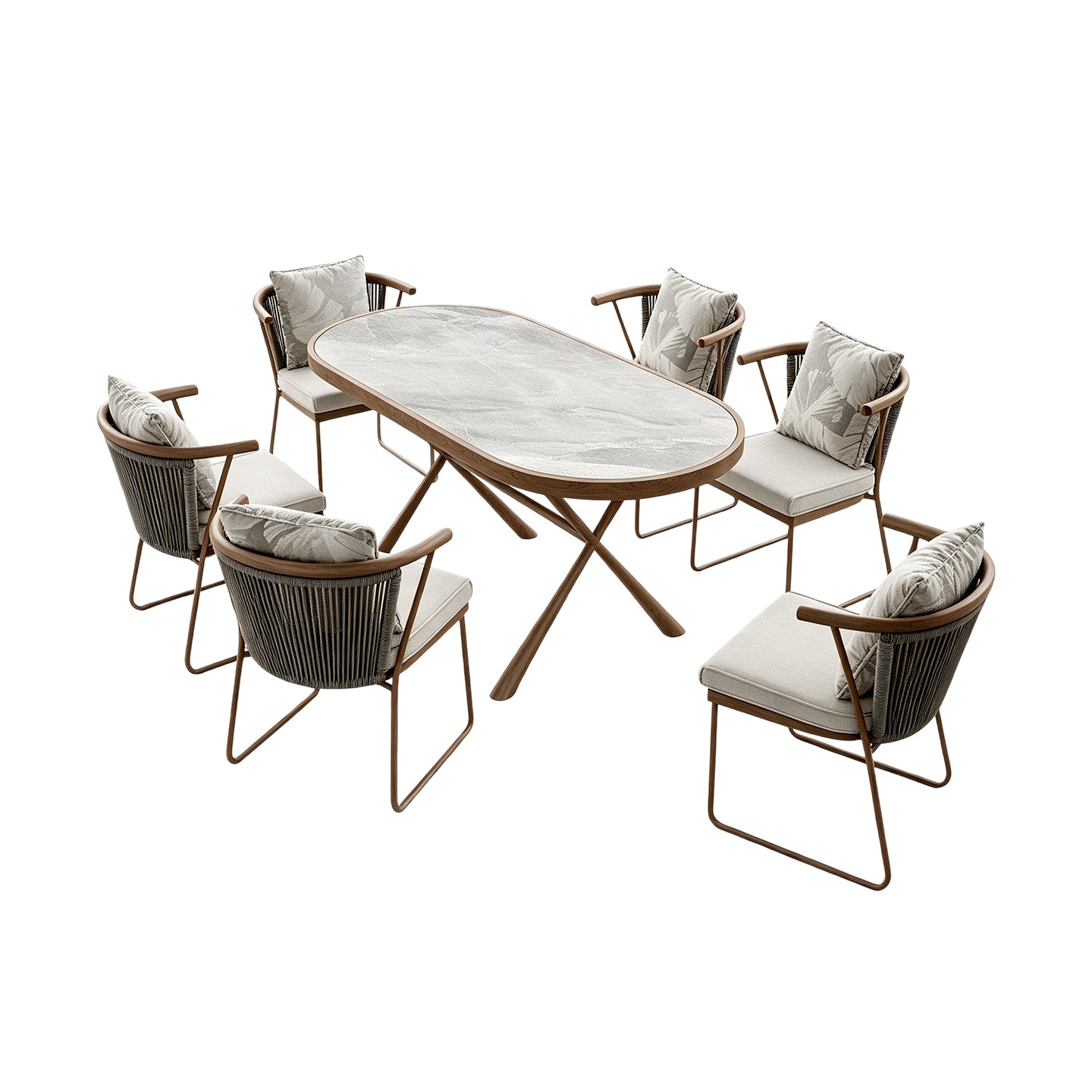 Outdoor dining set with a marble table and cushioned chairs ,outdoor woven strap chair