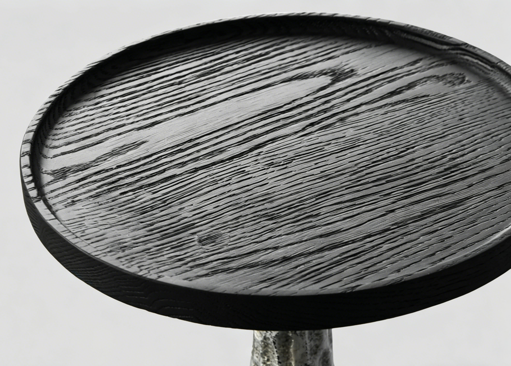 「VOLCANO」Sculptural Hammered Metal & Oak Side Table