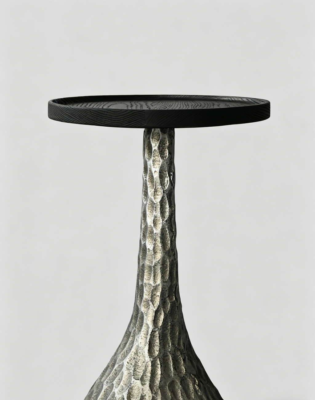 「VOLCANO」Sculptural Hammered Metal & Oak Side Table