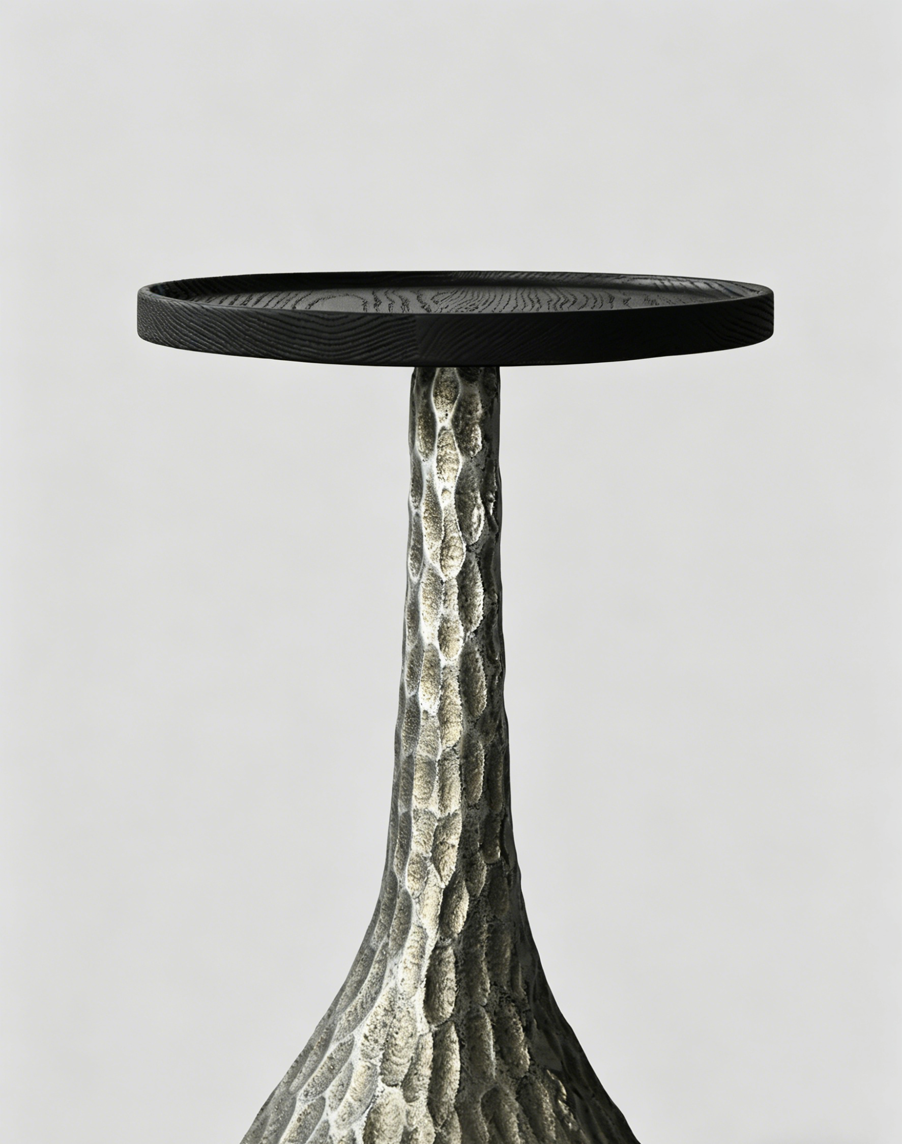 「VOLCANO」Sculptural Hammered Metal & Oak Side Table