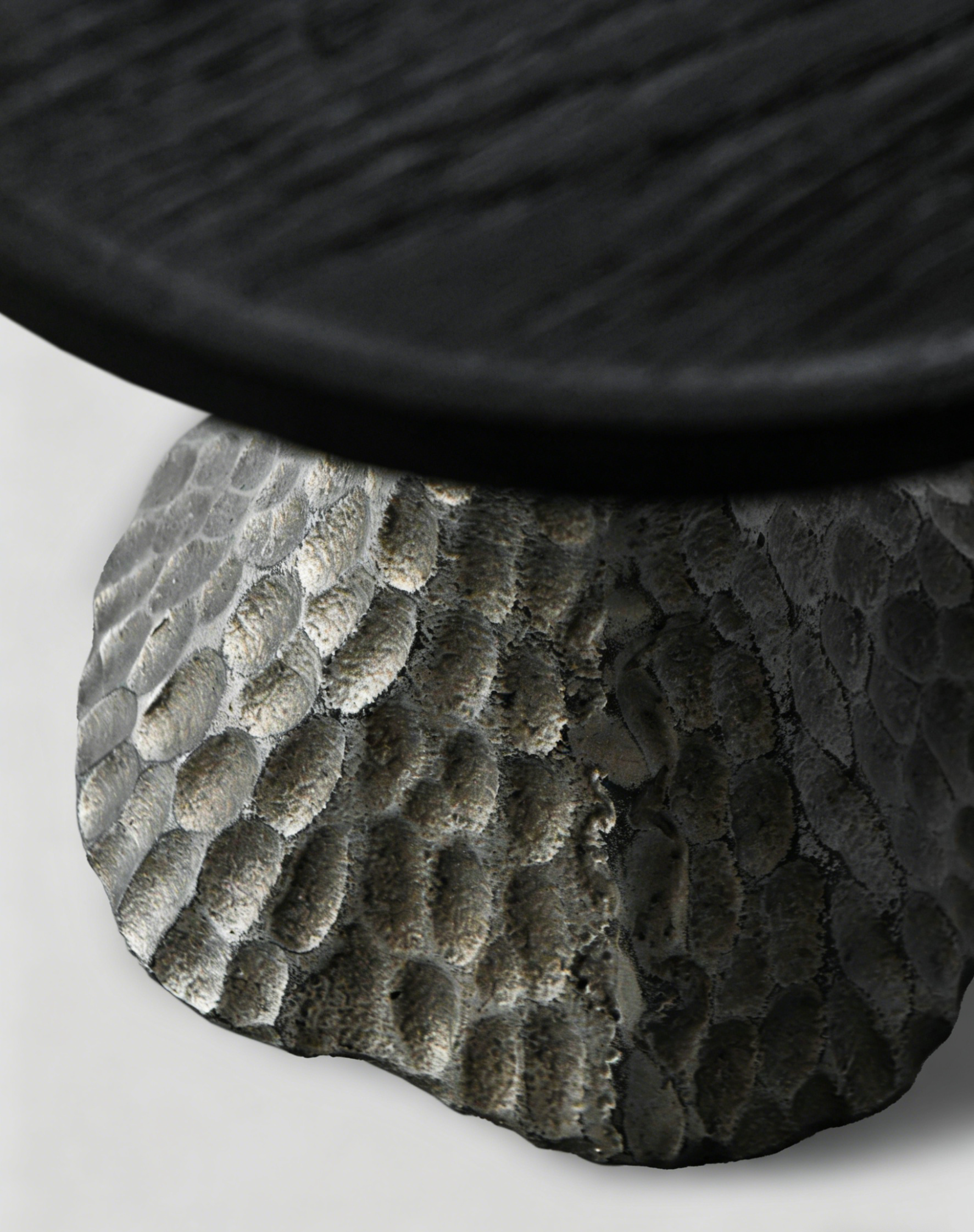 「VOLCANO」Sculptural Hammered Metal & Oak Side Table
