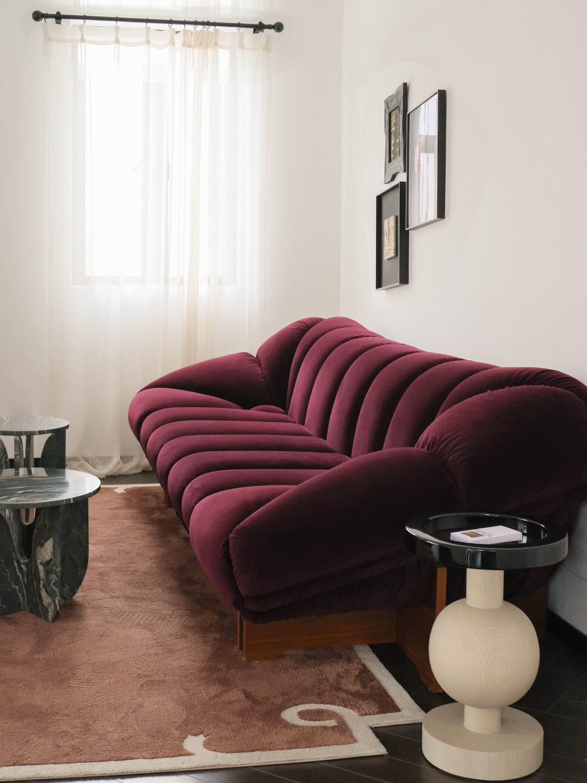 「Burgundy Velvet」 Padded Retro‑Modern Plush Velvet Living Room Sofa