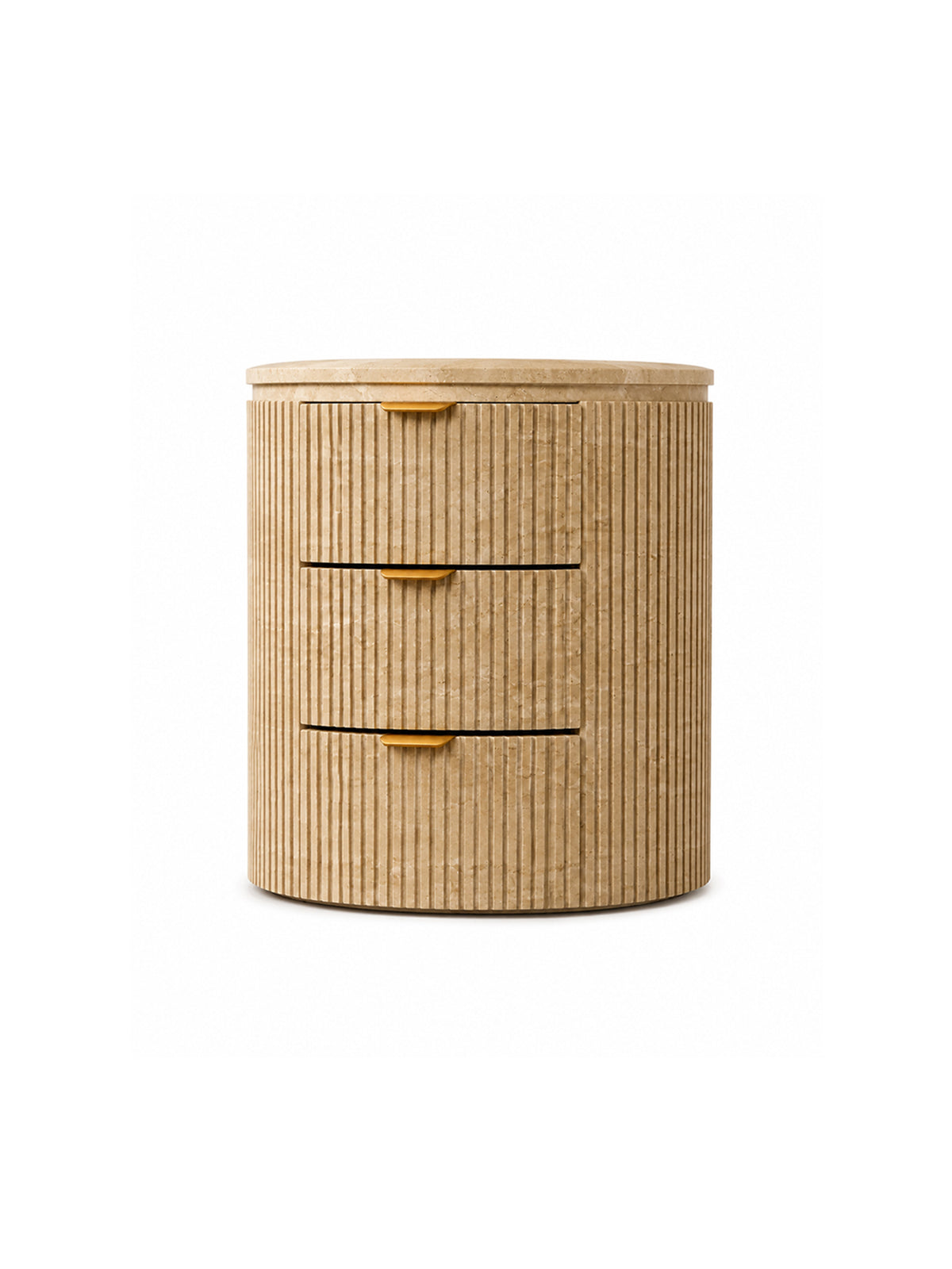 「Cream‑Cave」Round Travertine Nightstand Storage Bedside Cabinet