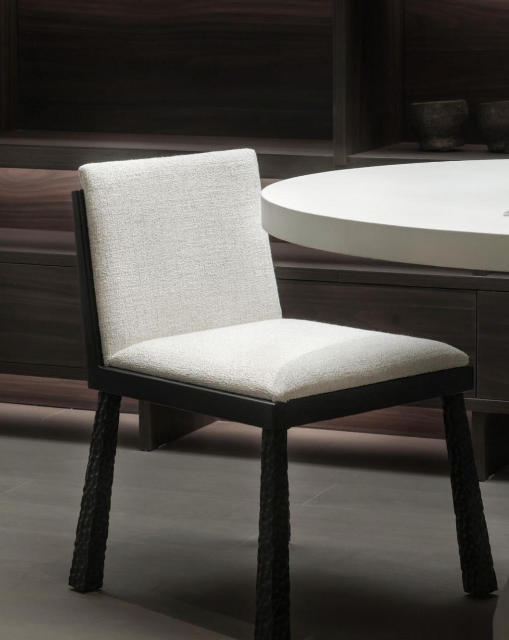 The Chisel | Hand-Sculpted Elm & Faux Wool Architectural Dining Chair