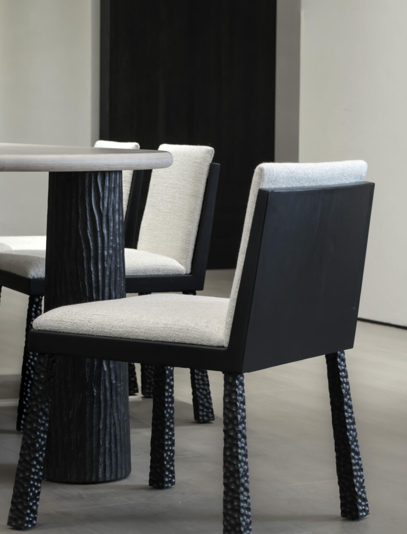 The Chisel | Hand-Sculpted Elm & Faux Wool Architectural Dining Chair
