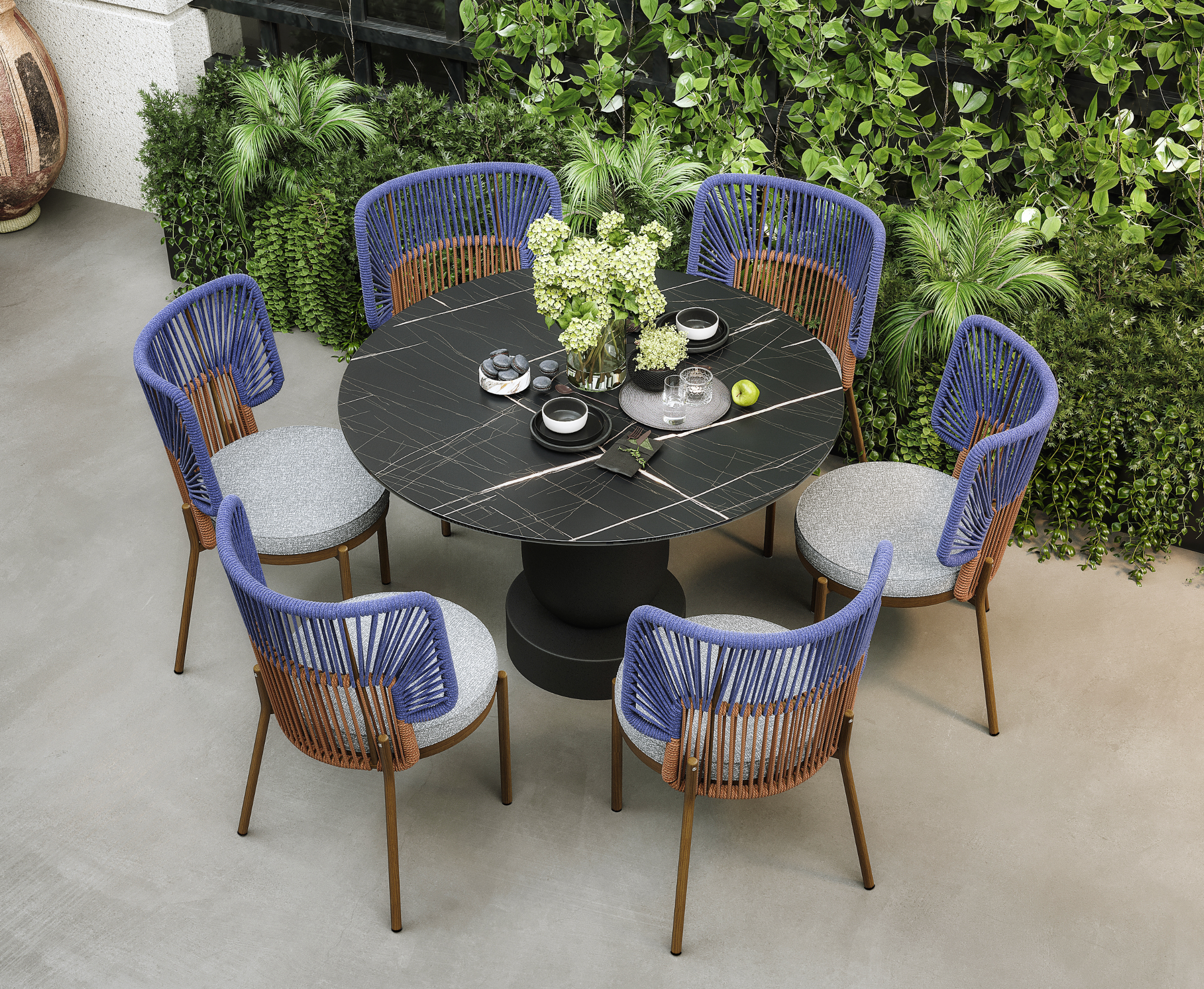 「Blue Weave & Black Marble」Luxury Outdoor Dining Set