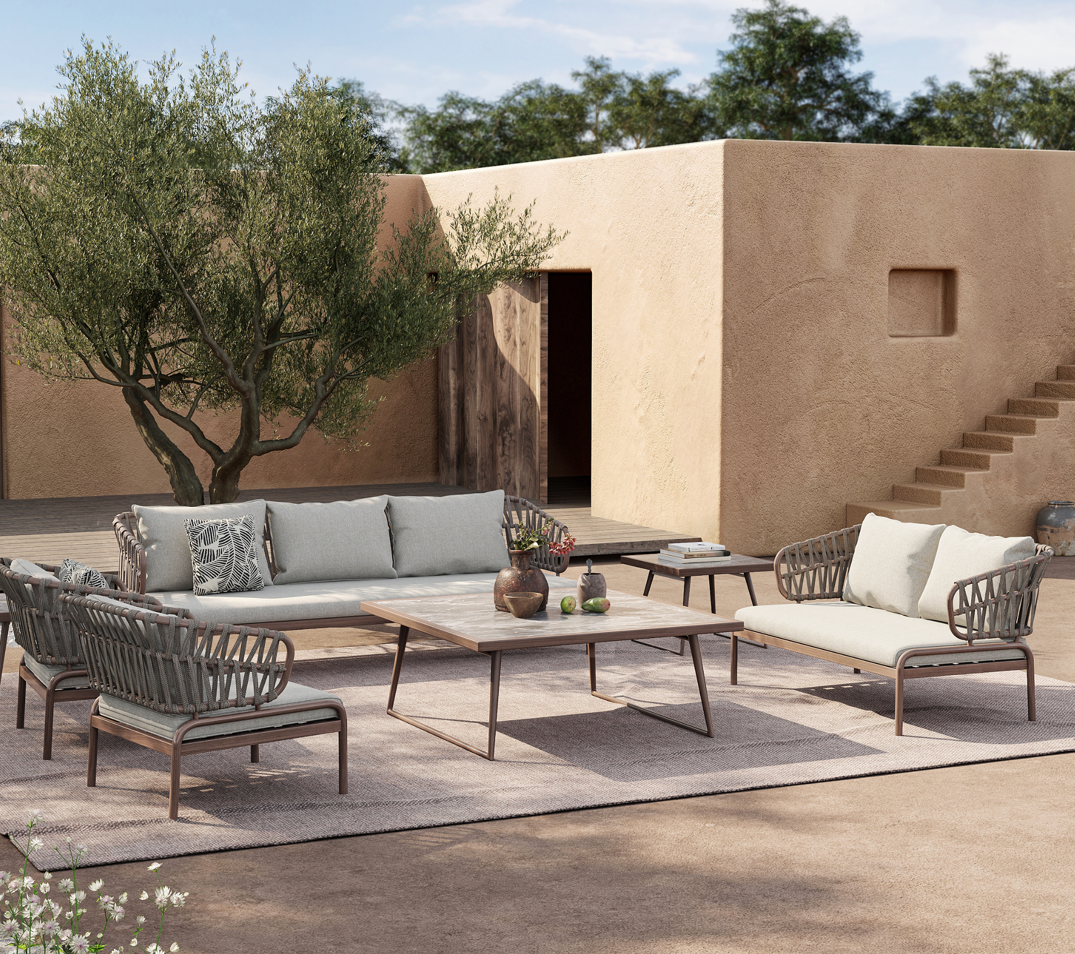 「Walnut Braided Strap」Luxury Modular Outdoor Sofa Set