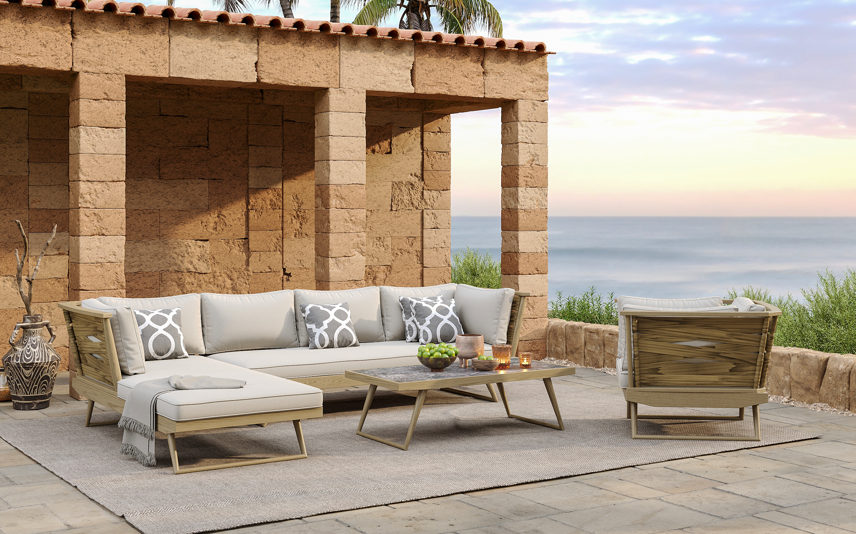 「Light Walnut Banana Leaf」Luxury Modular Outdoor Sofa Set