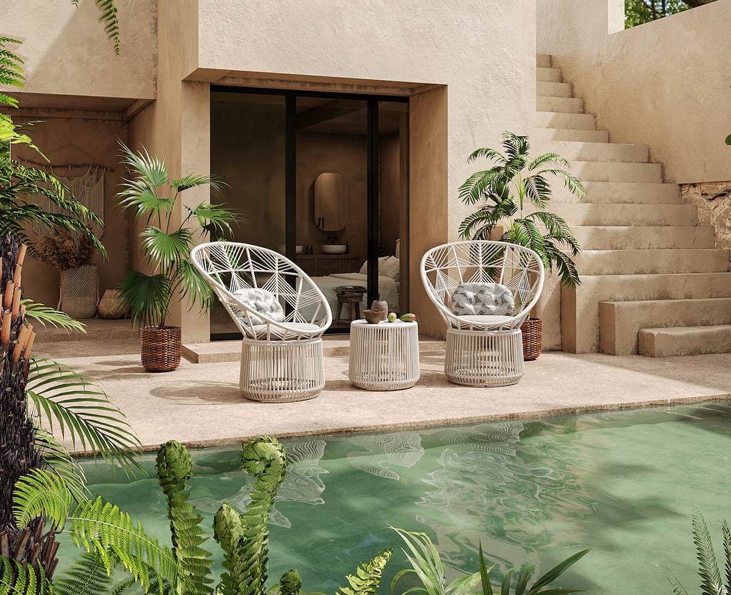 「Silk White PE Rattan」Outdoor Lounge Chair & Side Table Set