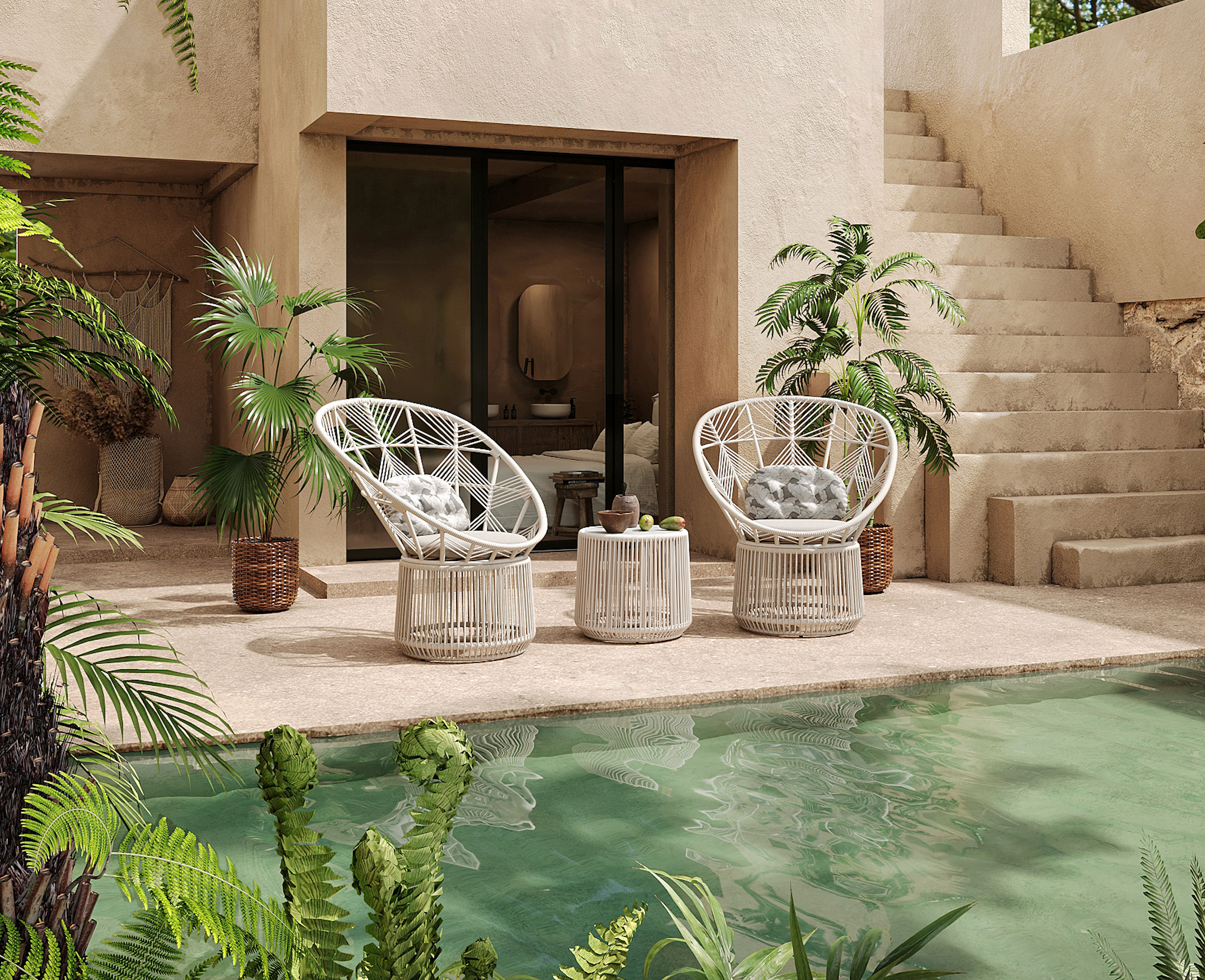 「Silk White PE Rattan」Outdoor Lounge Chair & Side Table Set