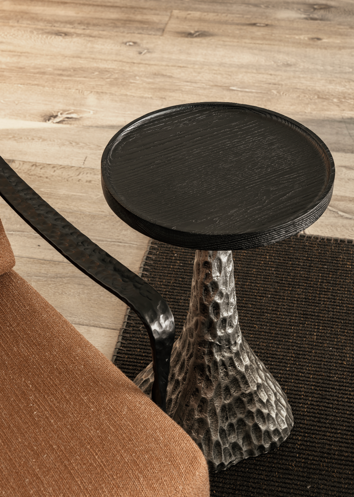 「VOLCANO」Sculptural Hammered Metal & Oak Side Table
