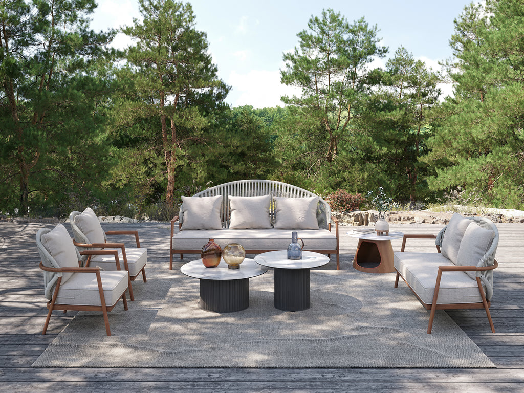「Teak Finish Woven Strap」Luxury Modular Outdoor Sofa Set