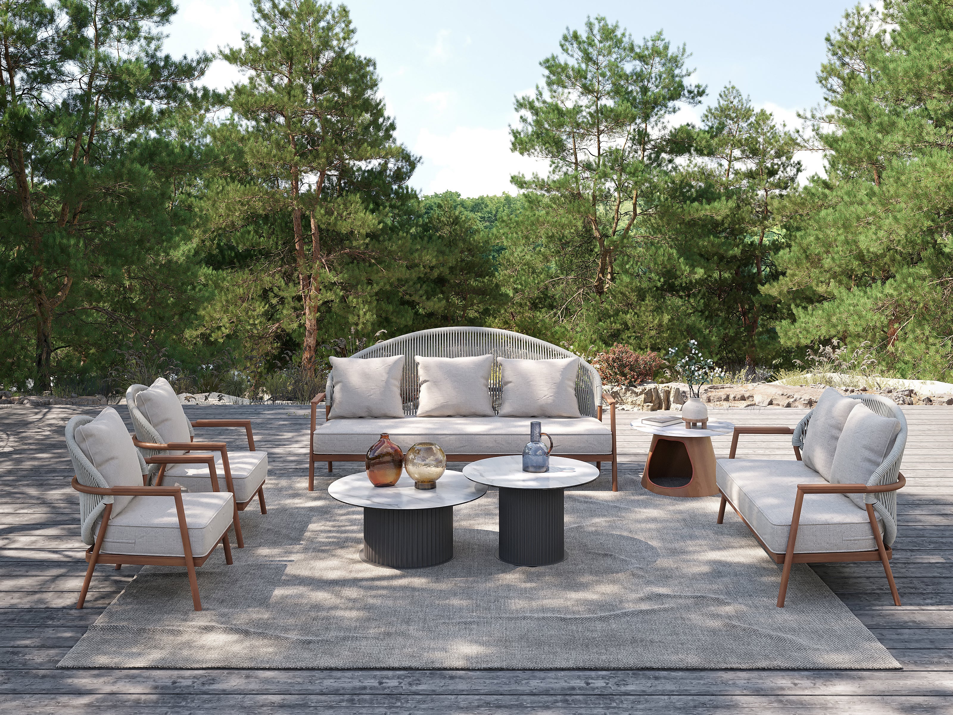 「Teak Finish Woven Strap」Luxury Modular Outdoor Sofa Set