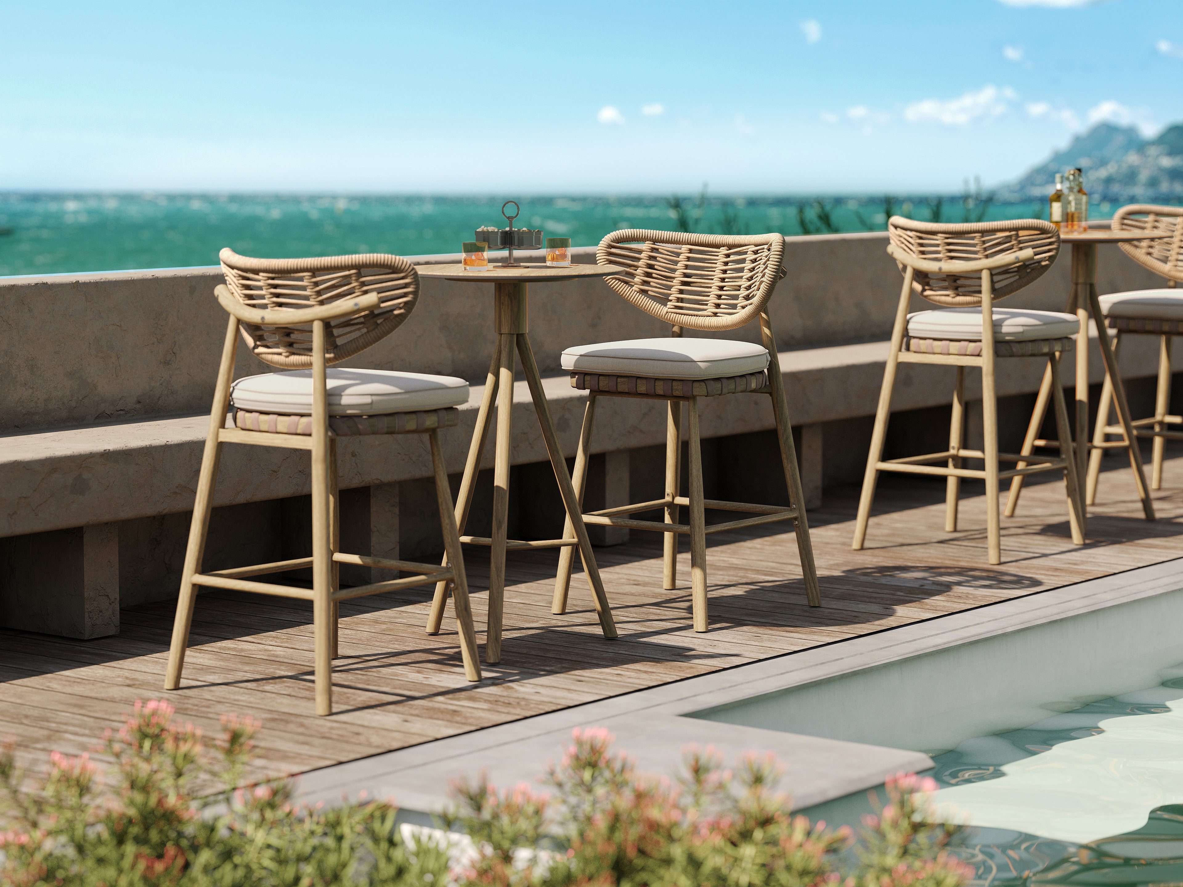 「Light Walnut HPL」Outdoor Lounge Bar Table & Stool Set