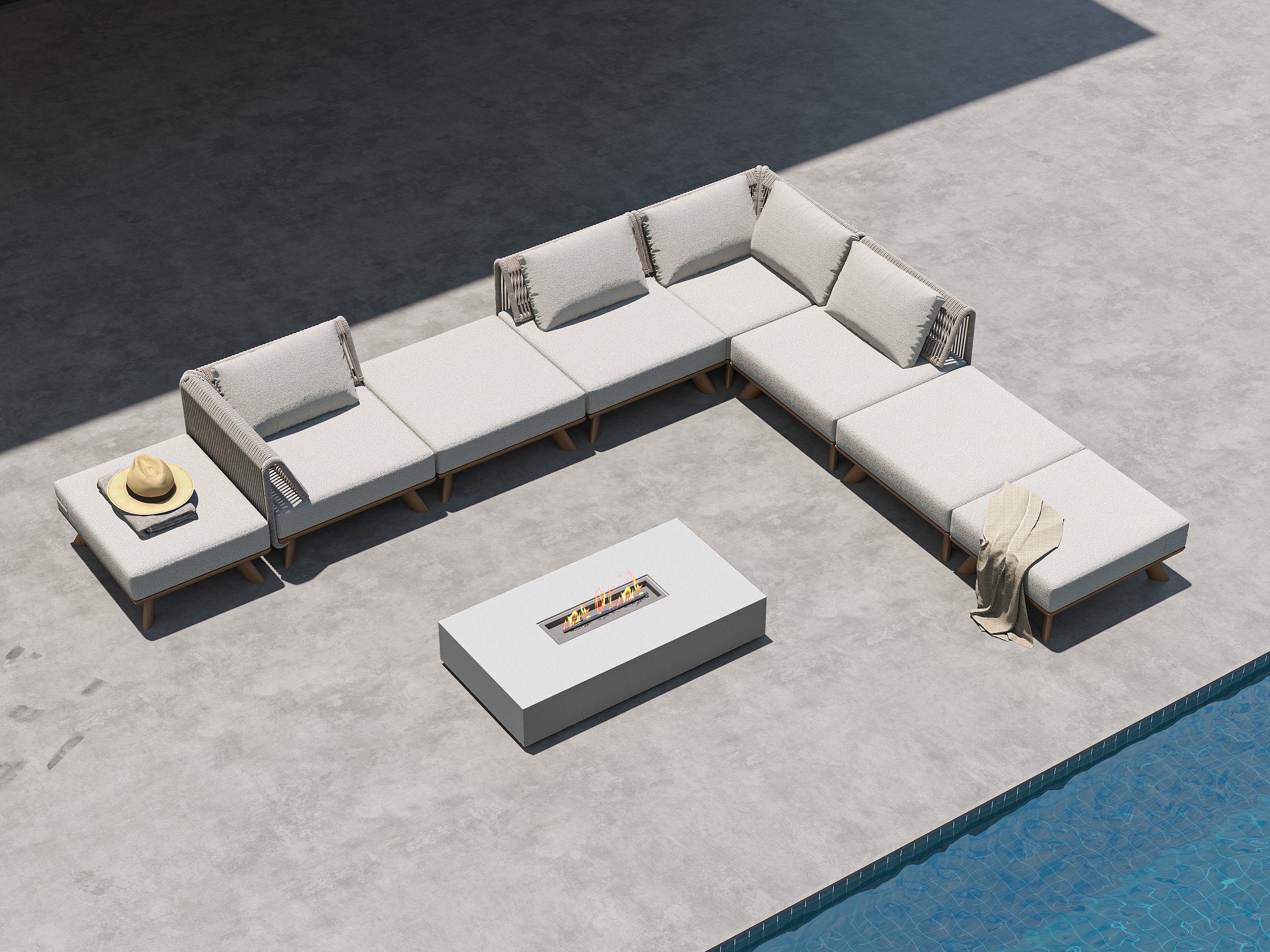 「Teak Finish Waterproof Rope」Luxury Modular Outdoor Sofa Set