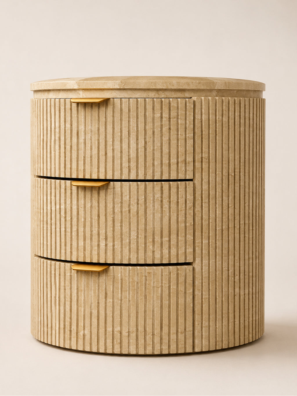 「Cream‑Cave」Round Travertine Nightstand Storage Bedside Cabinet