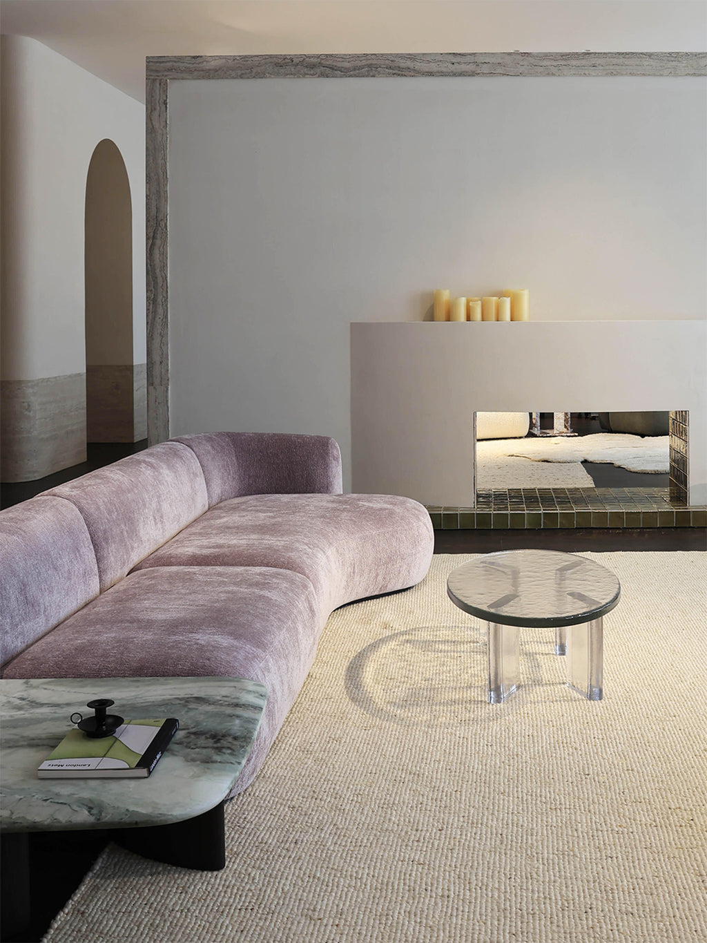 「Wisteria」Curved Velvet Sectional Sofa with Integrated Marble Side Table