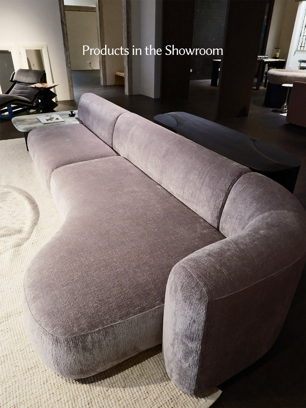 「Wisteria」Curved Velvet Sectional Sofa with Integrated Marble Side Table