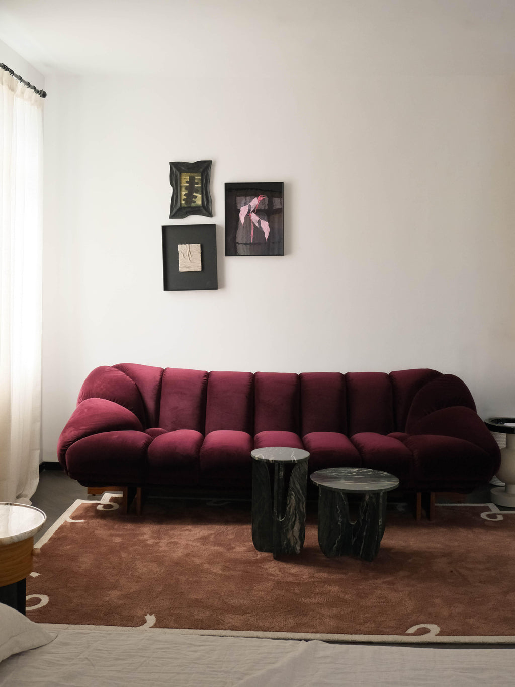 「Burgundy Velvet」 Padded Retro‑Modern Plush Velvet Living Room Sofa