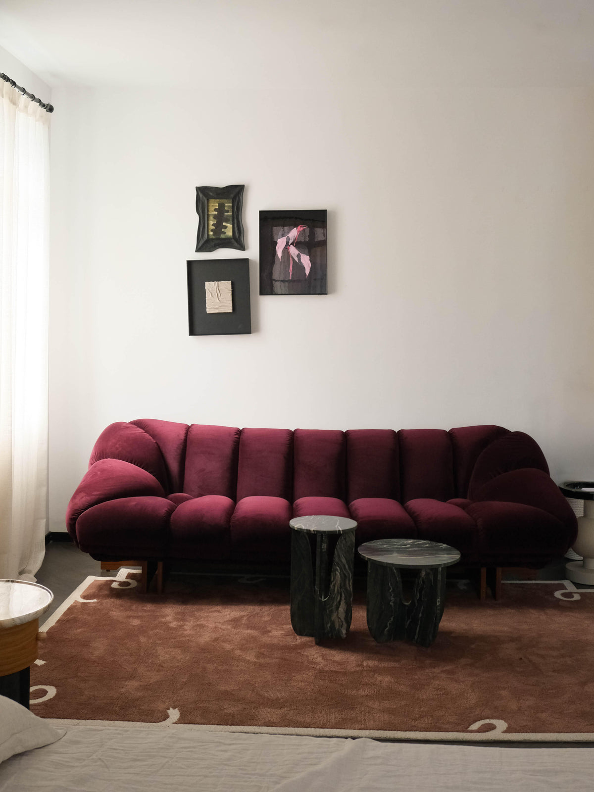 「Burgundy Velvet」 Padded Retro‑Modern Plush Velvet Living Room Sofa