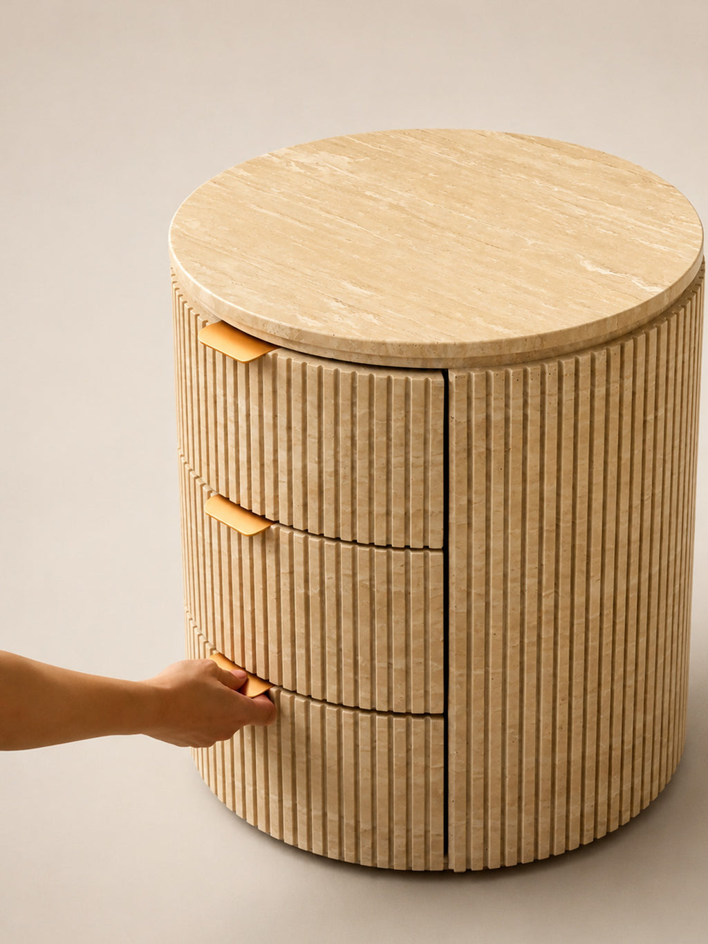「Cream‑Cave」Round Travertine Nightstand Storage Bedside Cabinet