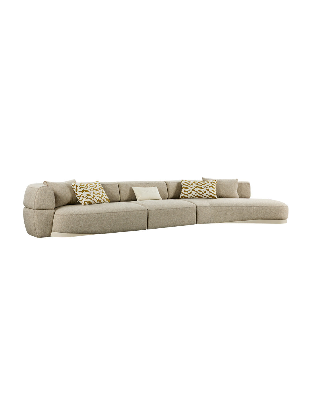 Beige sectional sofa with decorative pillows,Luxury handmade oat horizon curved modular sofa, imported alpaca-wool blend fabric + solid wood frame,  high-end living room furniture, customizable modular sofa for luxury villas, premium modern home furniture