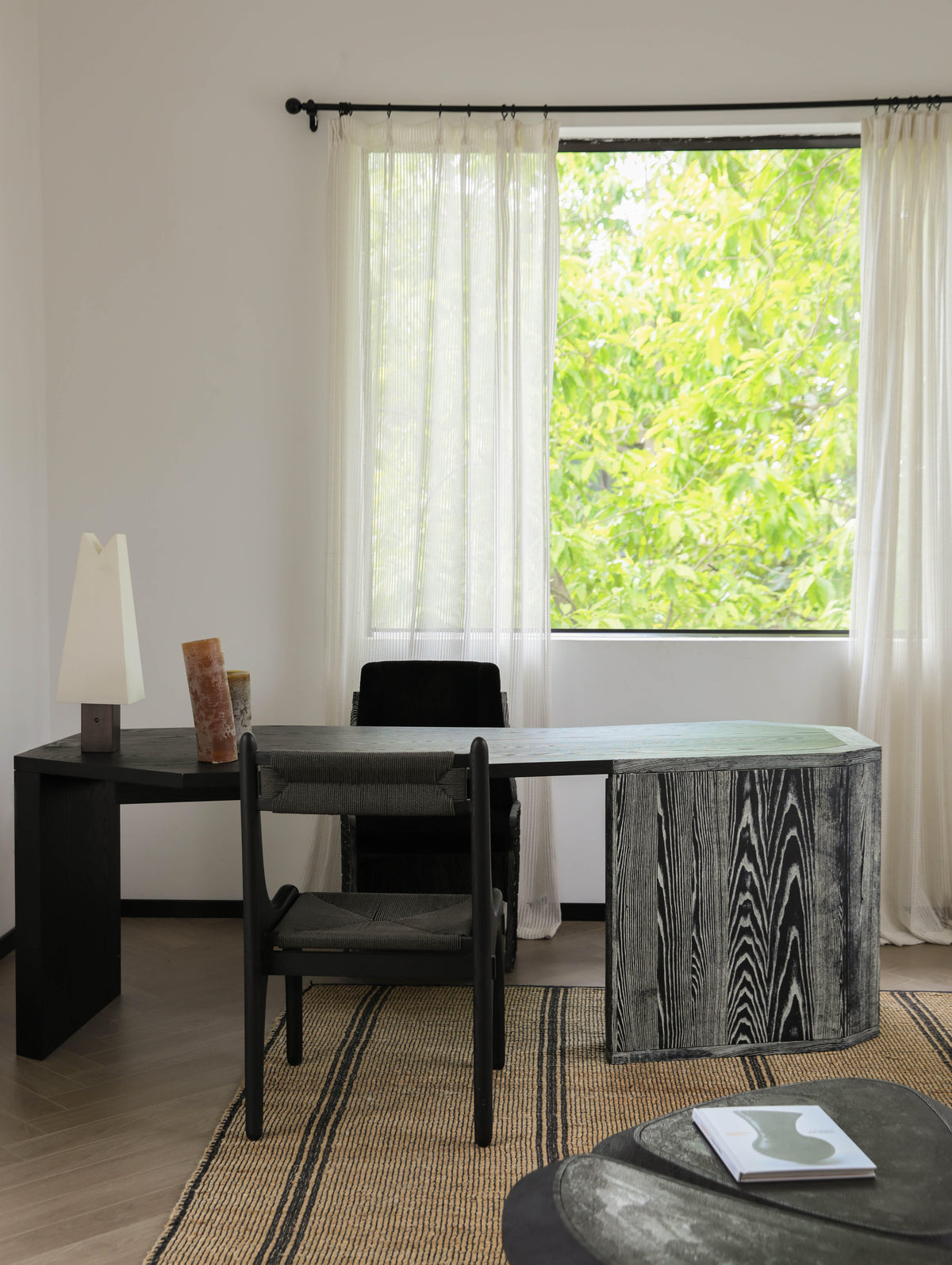 「Ballad」Minimalist Sculptural Black Solid Wood Rope Accent Dining Chair