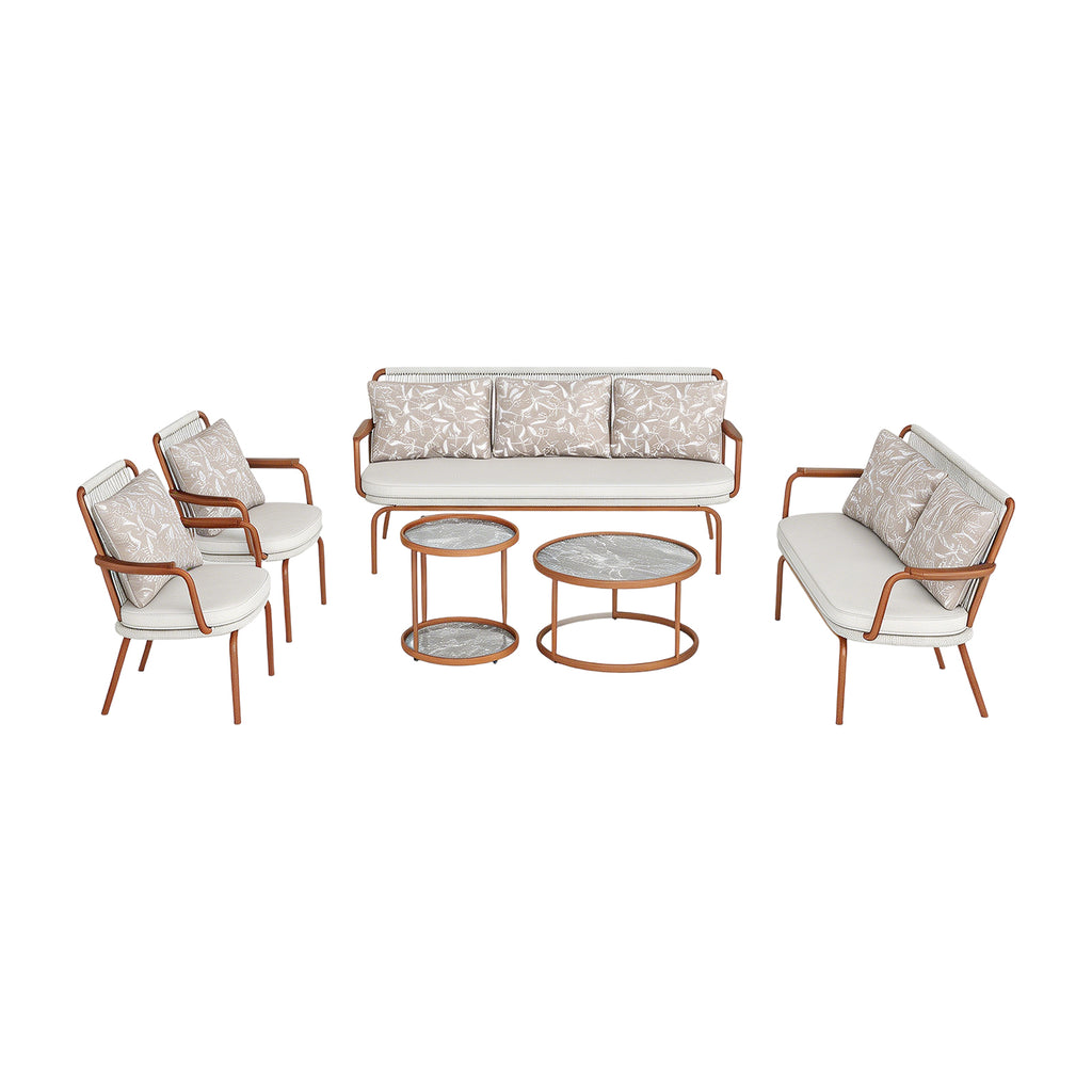 Outdoor furniture set with chairs, sofa, and tables on a white background, outdoor woven strap sofa