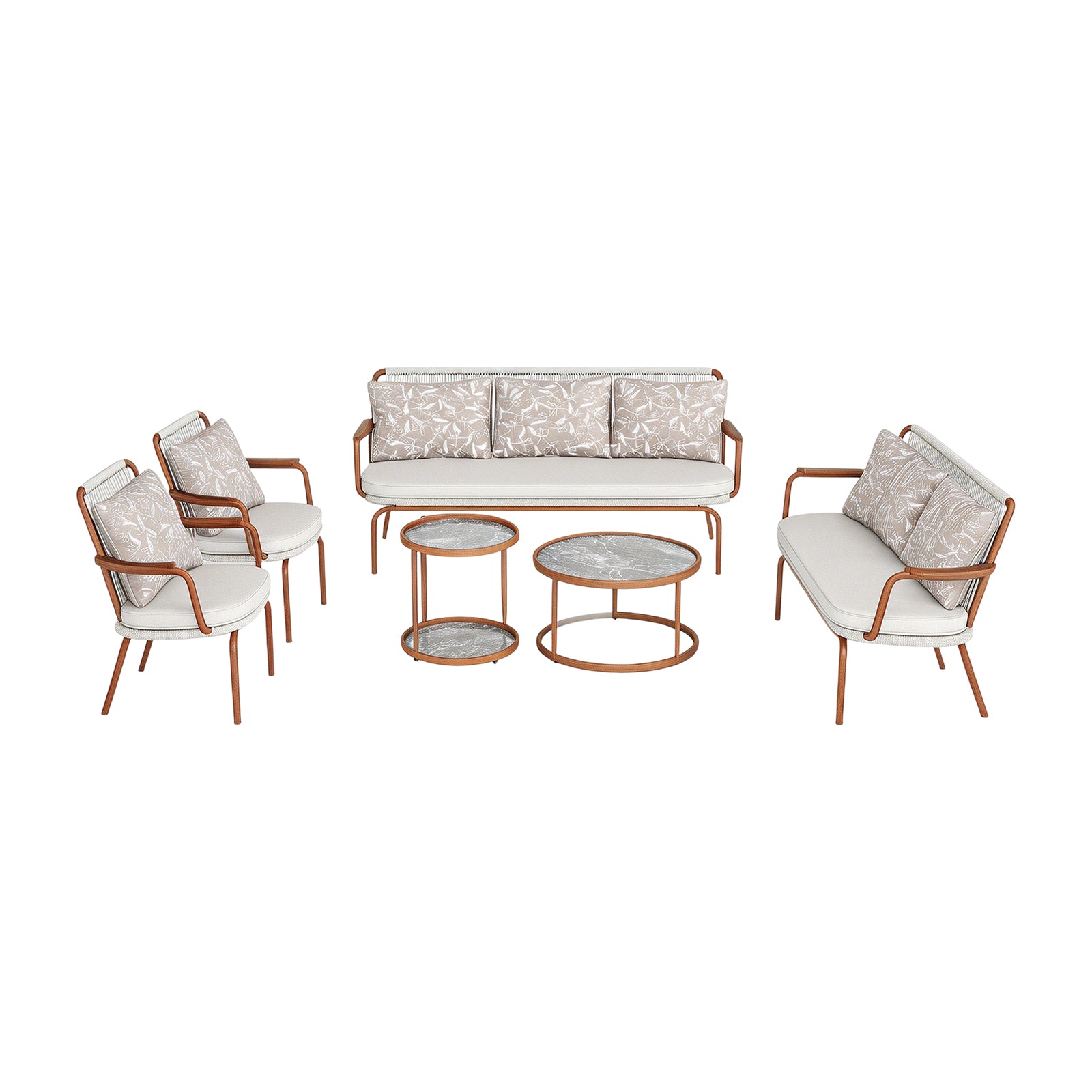 Outdoor furniture set with chairs, sofa, and tables on a white background, outdoor woven strap sofa