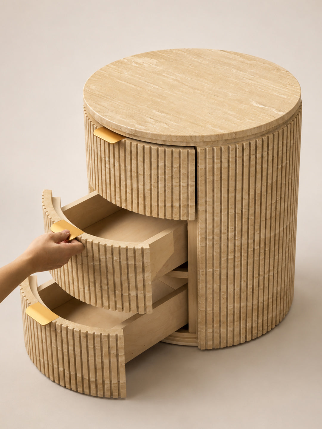 「Cream‑Cave」Round Travertine Nightstand Storage Bedside Cabinet