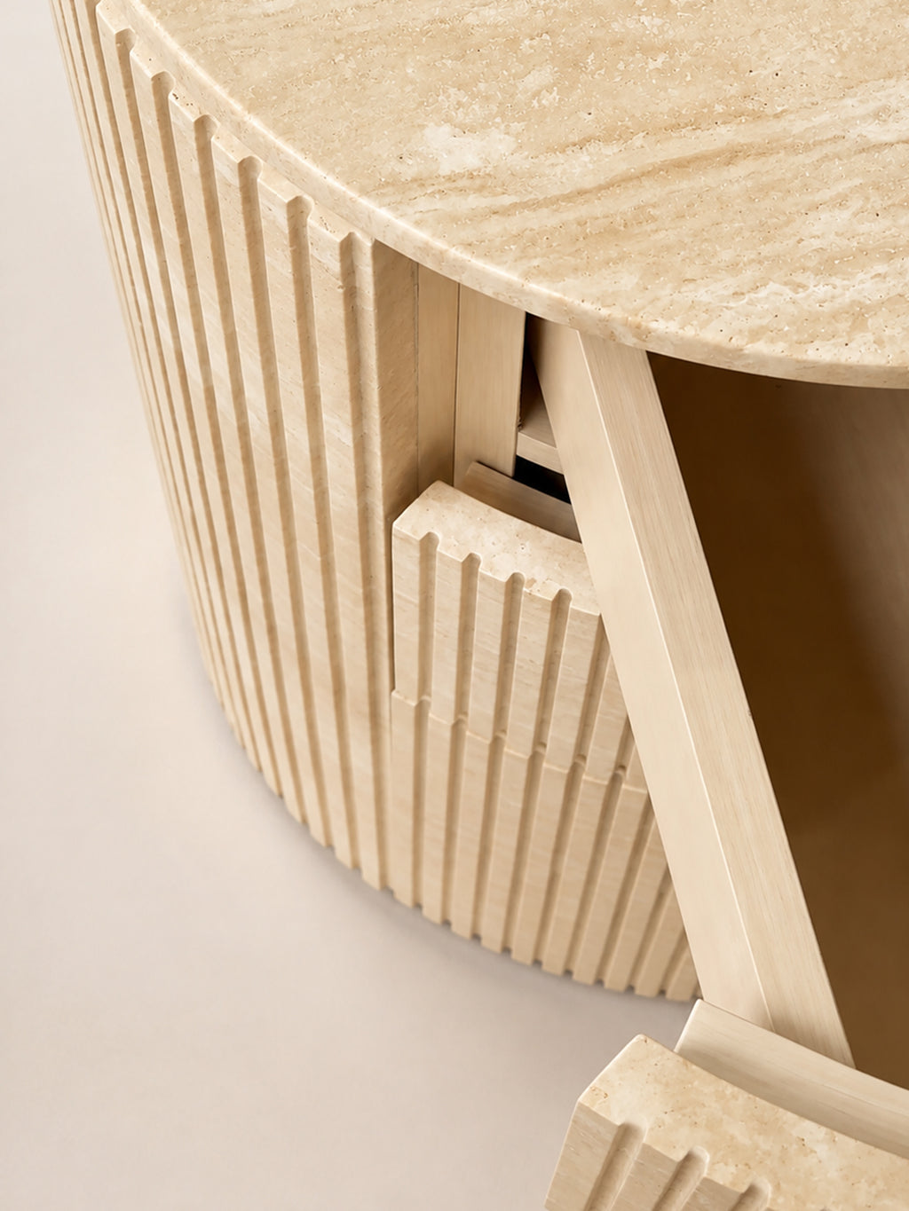 「Cream‑Cave」Round Travertine Nightstand Storage Bedside Cabinet