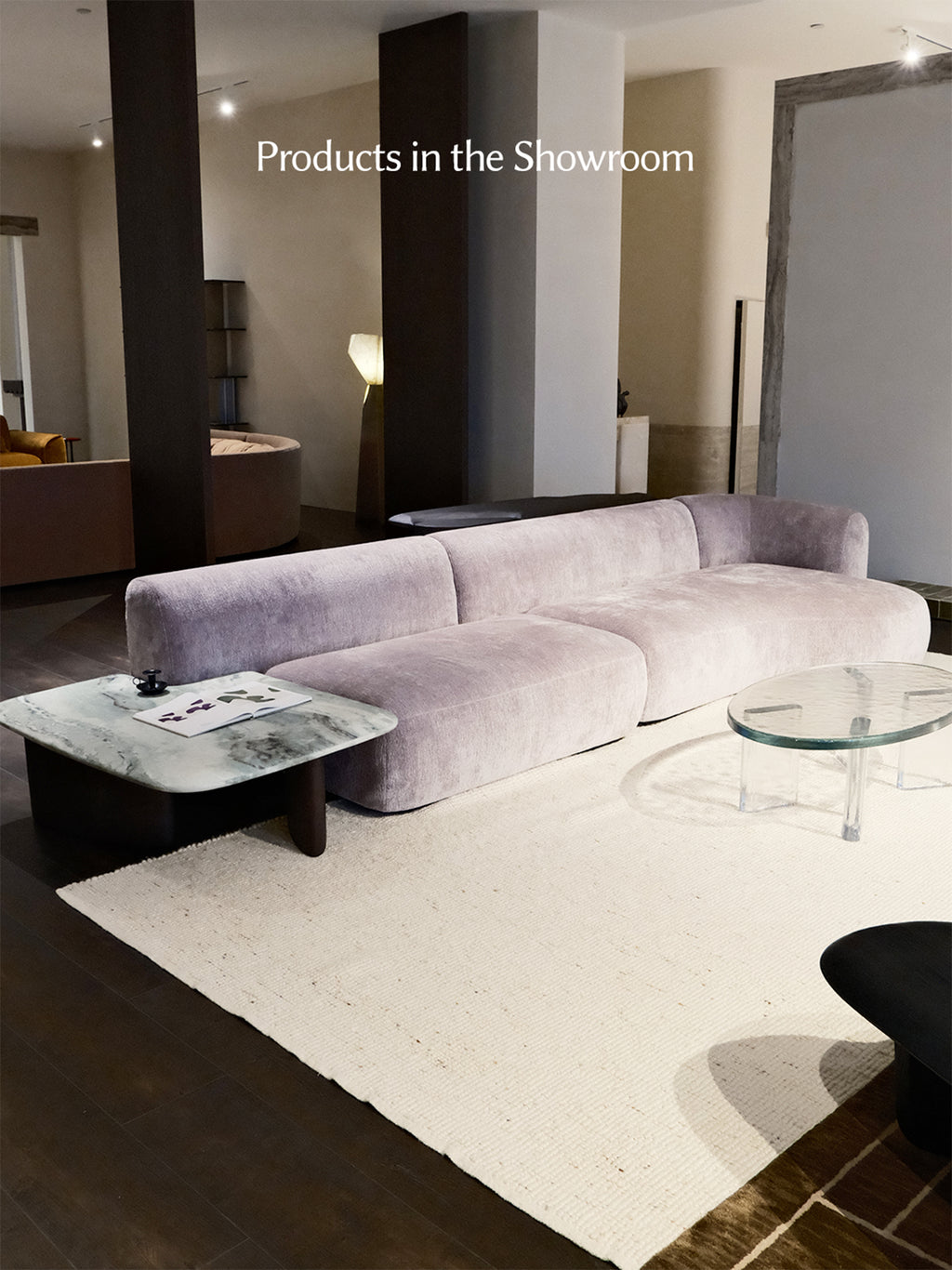 「Wisteria」Curved Velvet Sectional Sofa with Integrated Marble Side Table