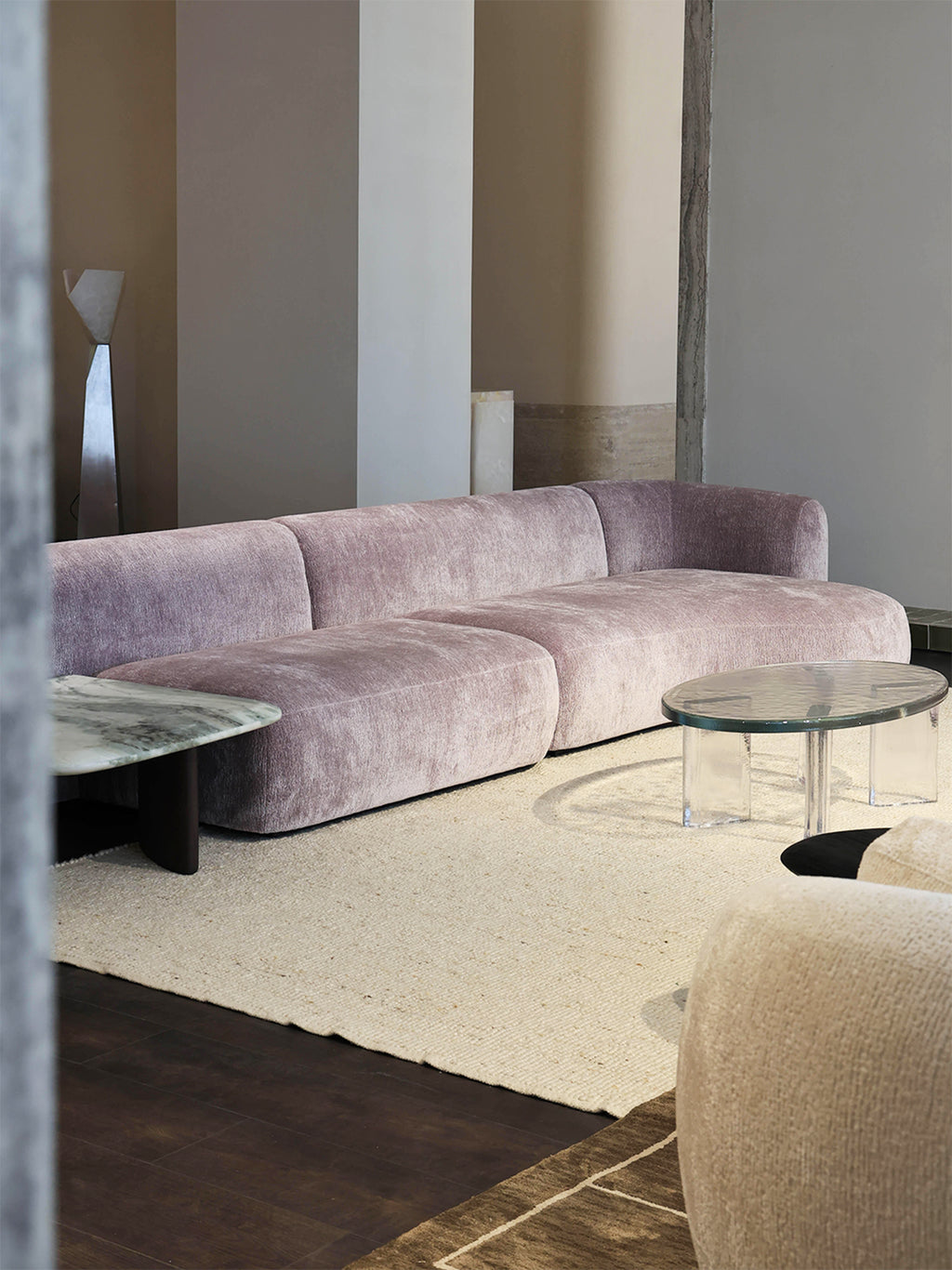 「Wisteria」Curved Velvet Sectional Sofa with Integrated Marble Side Table