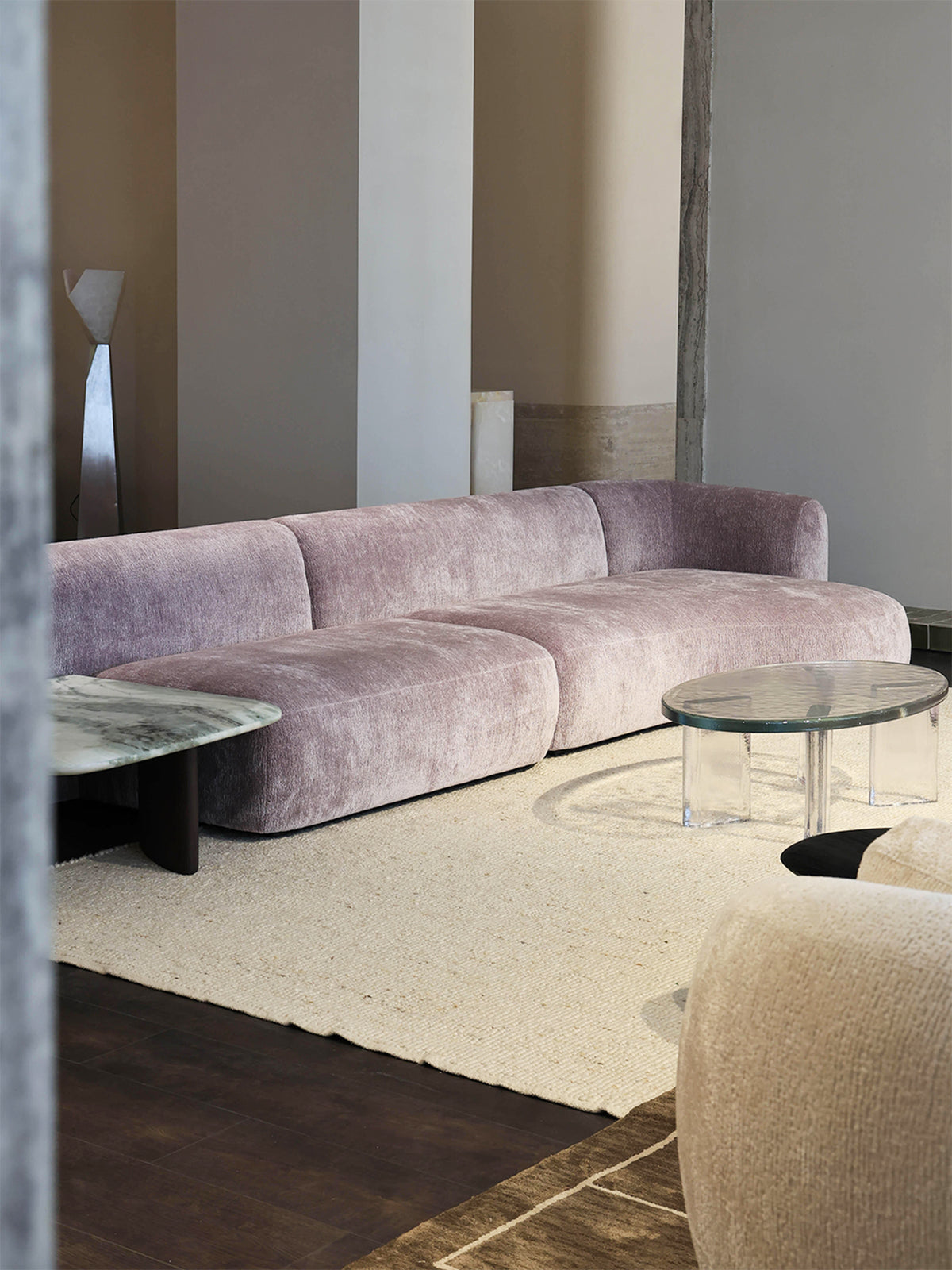 「Wisteria」Curved Velvet Sectional Sofa with Integrated Marble Side Table
