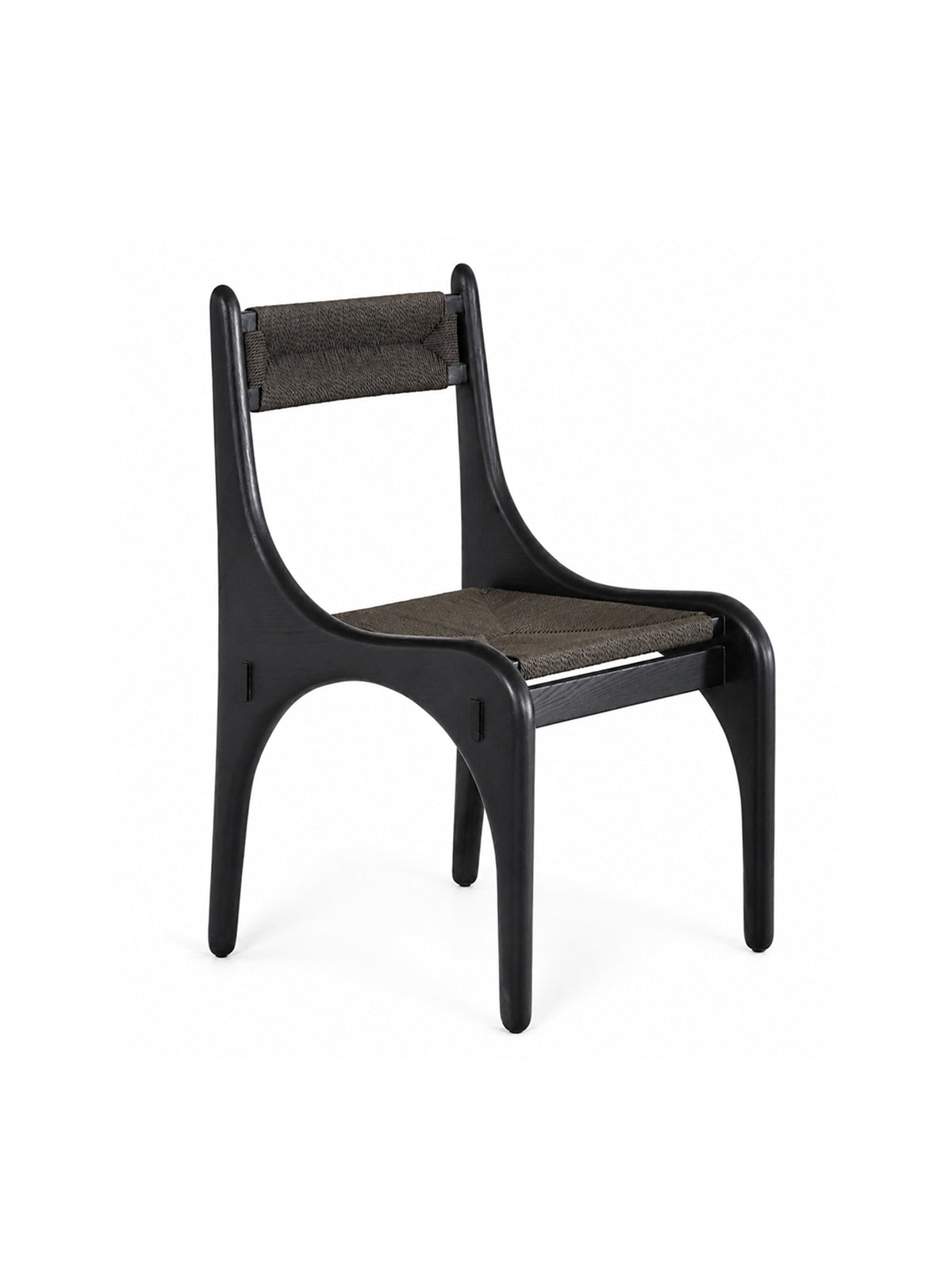 Modern sculptural black rope dining chair handcrafted from solid red oak wood with deep groove detailing and black woven rope surface. Sleek minimalist wooden accent side chair, ideal for dining room, living area and home study, fully‑assembled premium furniture.