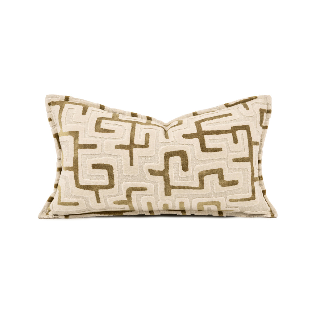 Elegant season decor with this beige abstract maze‑pattern cut‑velvet lumbar pillow. A modern geometric accent cushion perfect for homey apartment, living room & bedroom styling, filled with goose feather