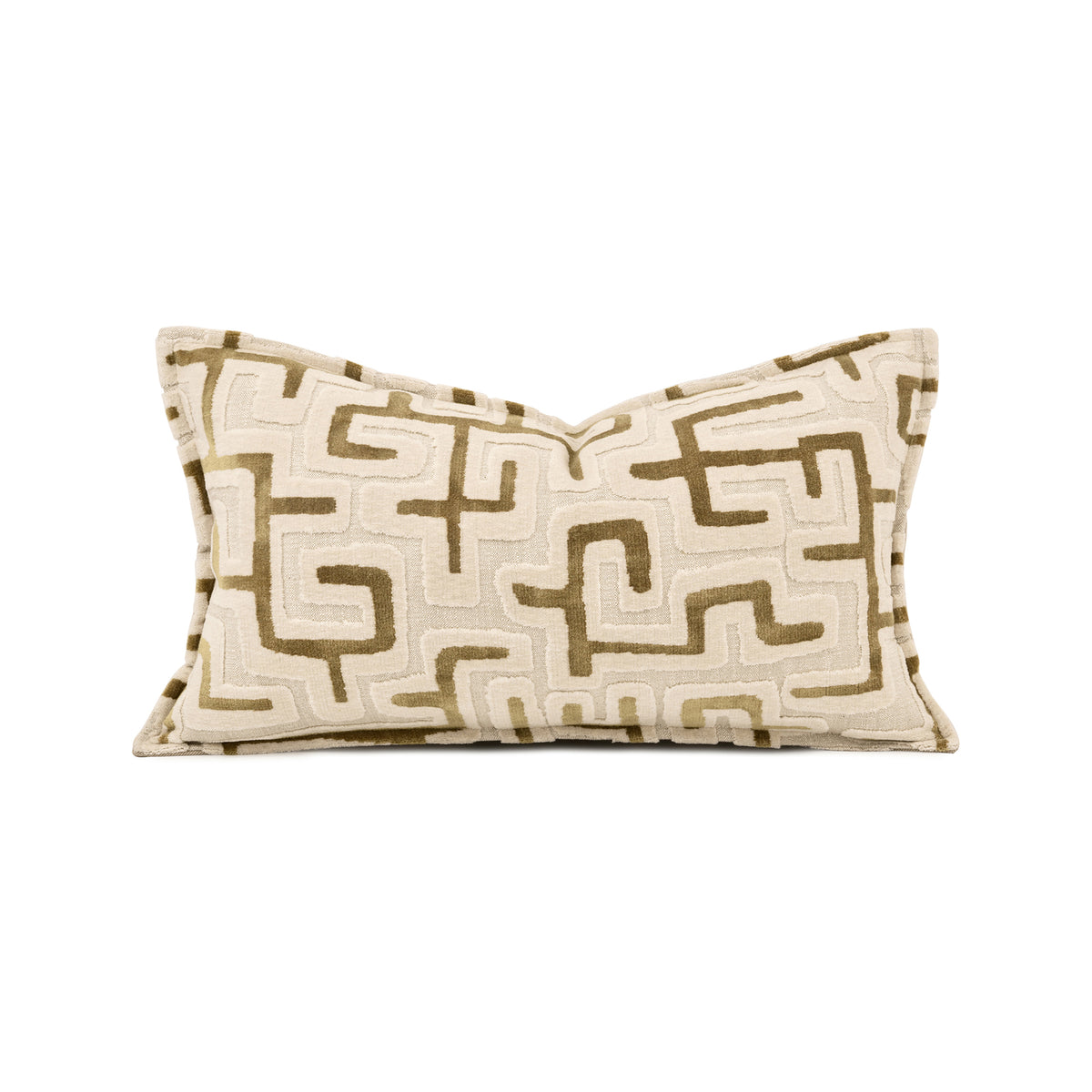 Elegant season decor with this beige abstract maze‑pattern cut‑velvet lumbar pillow. A modern geometric accent cushion perfect for homey apartment, living room & bedroom styling, filled with goose feather