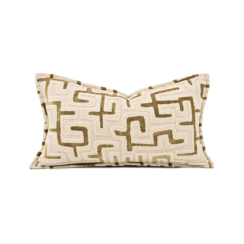 Elegant season decor with this beige abstract maze‑pattern cut‑velvet lumbar pillow. A modern geometric accent cushion perfect for homey apartment, living room & bedroom styling, filled with goose feather