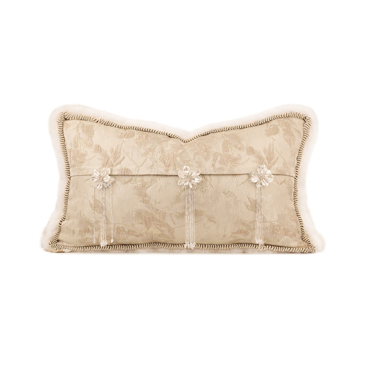 elegant beige floral jacquard lumbar pillow. A soft romantic accent cushion perfect for homey apartment, living room & bedroom styling, filled with goose feather