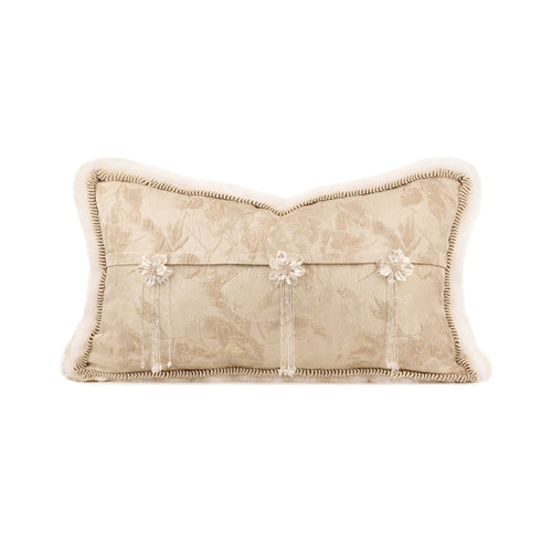 elegant beige floral jacquard lumbar pillow. A soft romantic accent cushion perfect for homey apartment, living room & bedroom styling, filled with goose feather