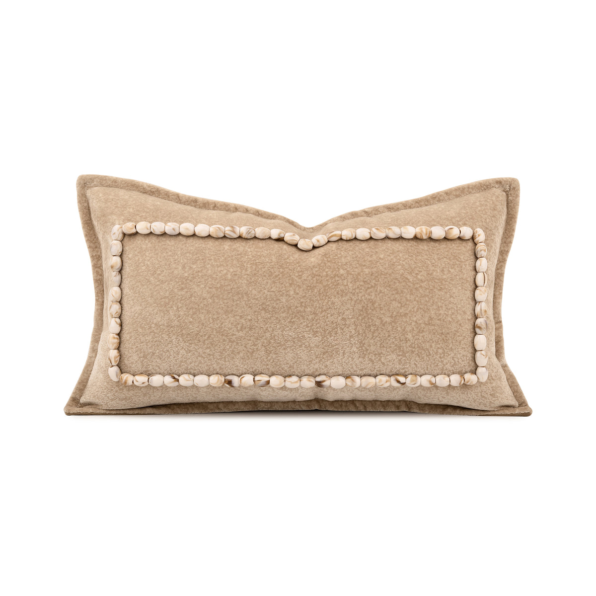 Beige Hand‑Beaded Border Lumbar Pillow Goose Feather Filled Waist Cushion for Sofa Bed Home Decor