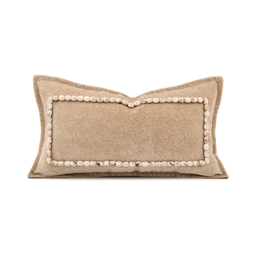 Beige Hand‑Beaded Border Lumbar Pillow Goose Feather Filled Waist Cushion for Sofa Bed Home Decor