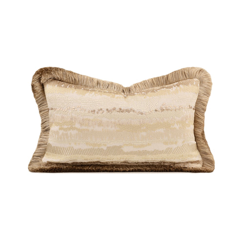 fall season decor with this premium beige heavy‑duty embroidered lumbar pillow with fluffy fringe trim. A textured luxury accent cushion perfect for homey apartment, living‑room & bedroom styling, filled with soft goose feather