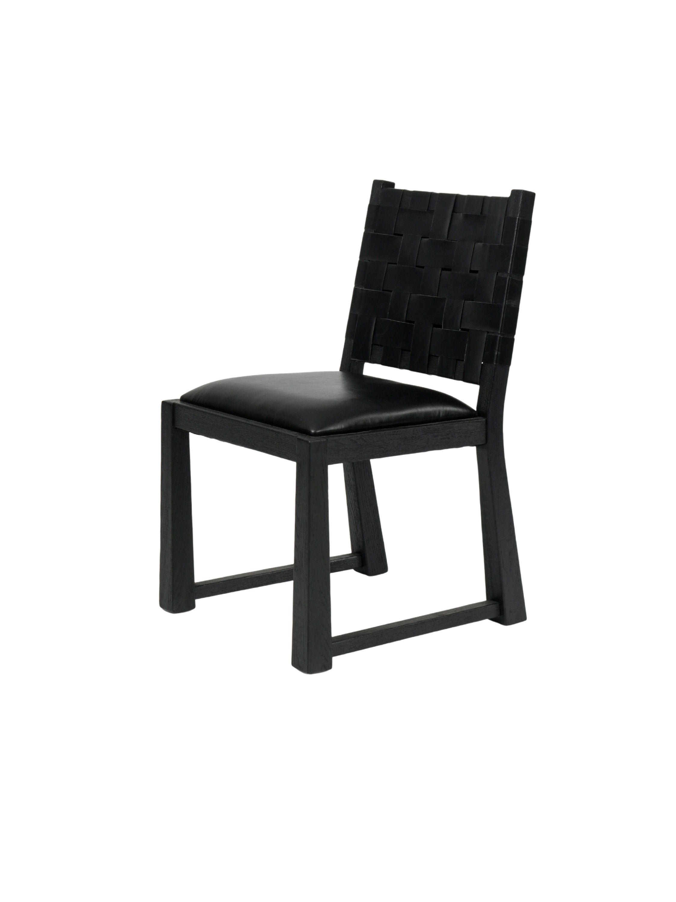 Black chair with woven backrest Woven Leather & Solid Rubberwood Minimalist Dining Chair