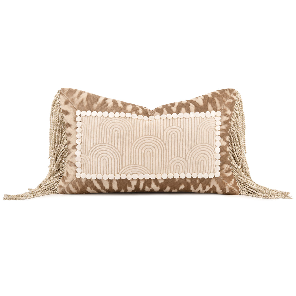 fall season decor with this elegant geometric cut‑velvet patchwork lumbar pillow with long tassels. A warm accent cushion perfect for homey apartment, living‑room & bedroom styling, filled with soft goose feather.