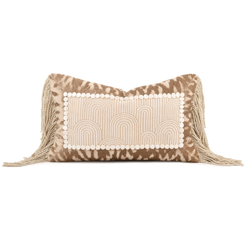 fall season decor with this elegant geometric cut‑velvet patchwork lumbar pillow with long tassels. A warm accent cushion perfect for homey apartment, living‑room & bedroom styling, filled with soft goose feather.