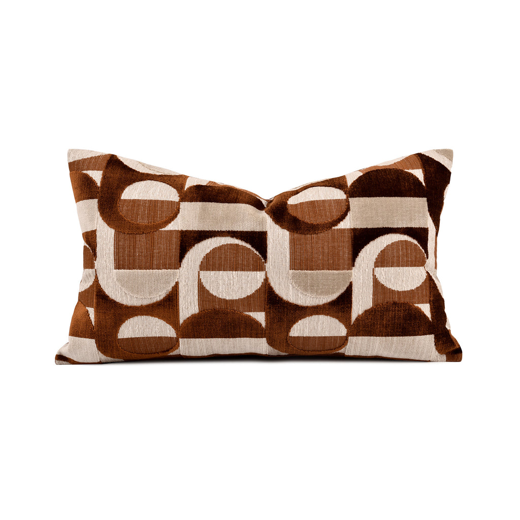 Brown beige geometric art patchwork cut‑velvet lumbar cushion, modern graphic decorative pillow with goose‑feather fill