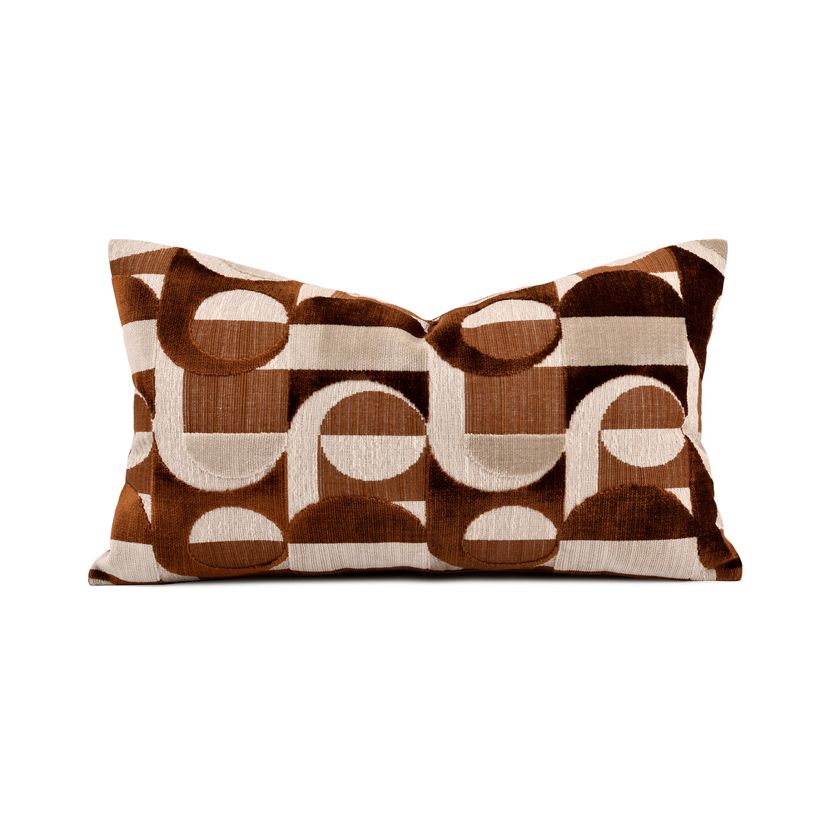 Brown beige geometric art patchwork cut‑velvet lumbar cushion, modern graphic decorative pillow with goose‑feather fill