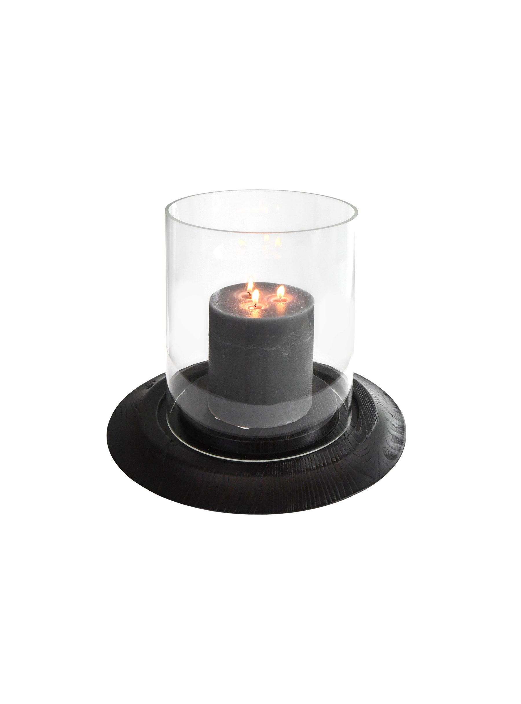 Candle holder with a black base and clear glass container Hand-Polished Solid Elm Wood Decorative Candle Holder
