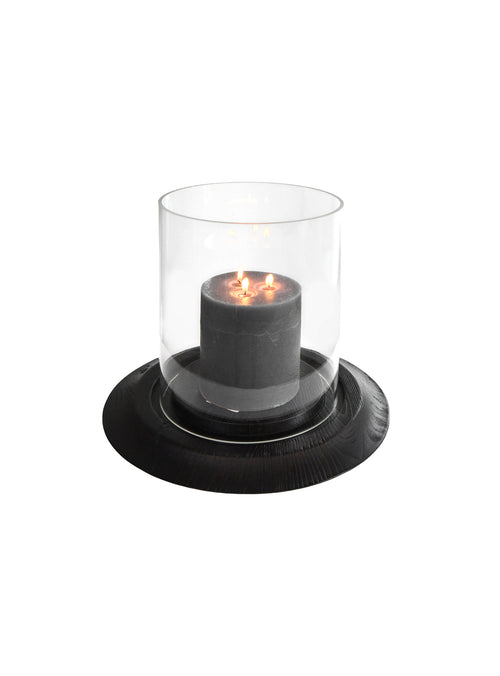 Candle holder with a black base and clear glass container Hand-Polished Solid Elm Wood Decorative Candle Holder